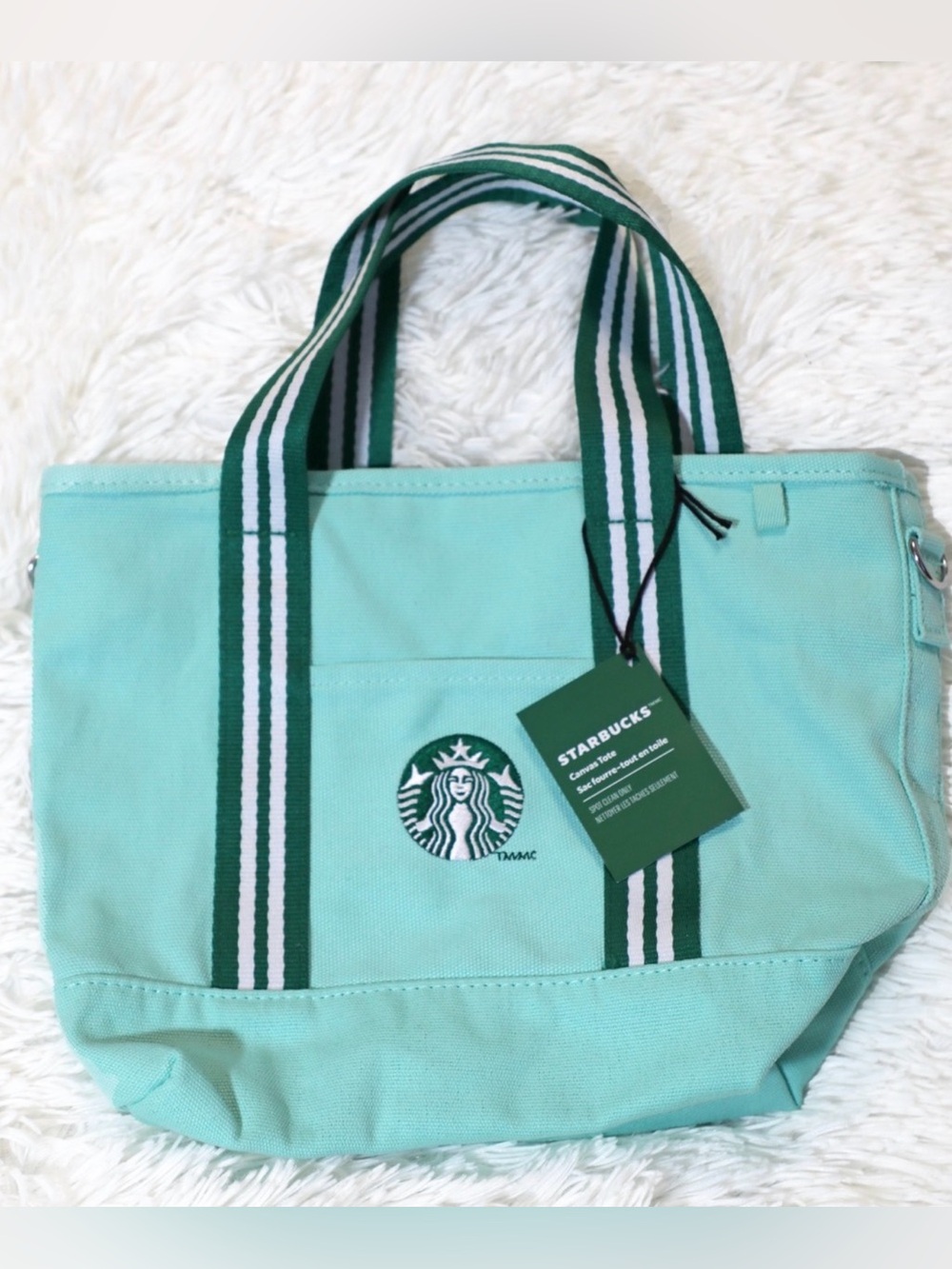 Starbucks Mint Green Canvas Tote with Dark Green Striped Handles